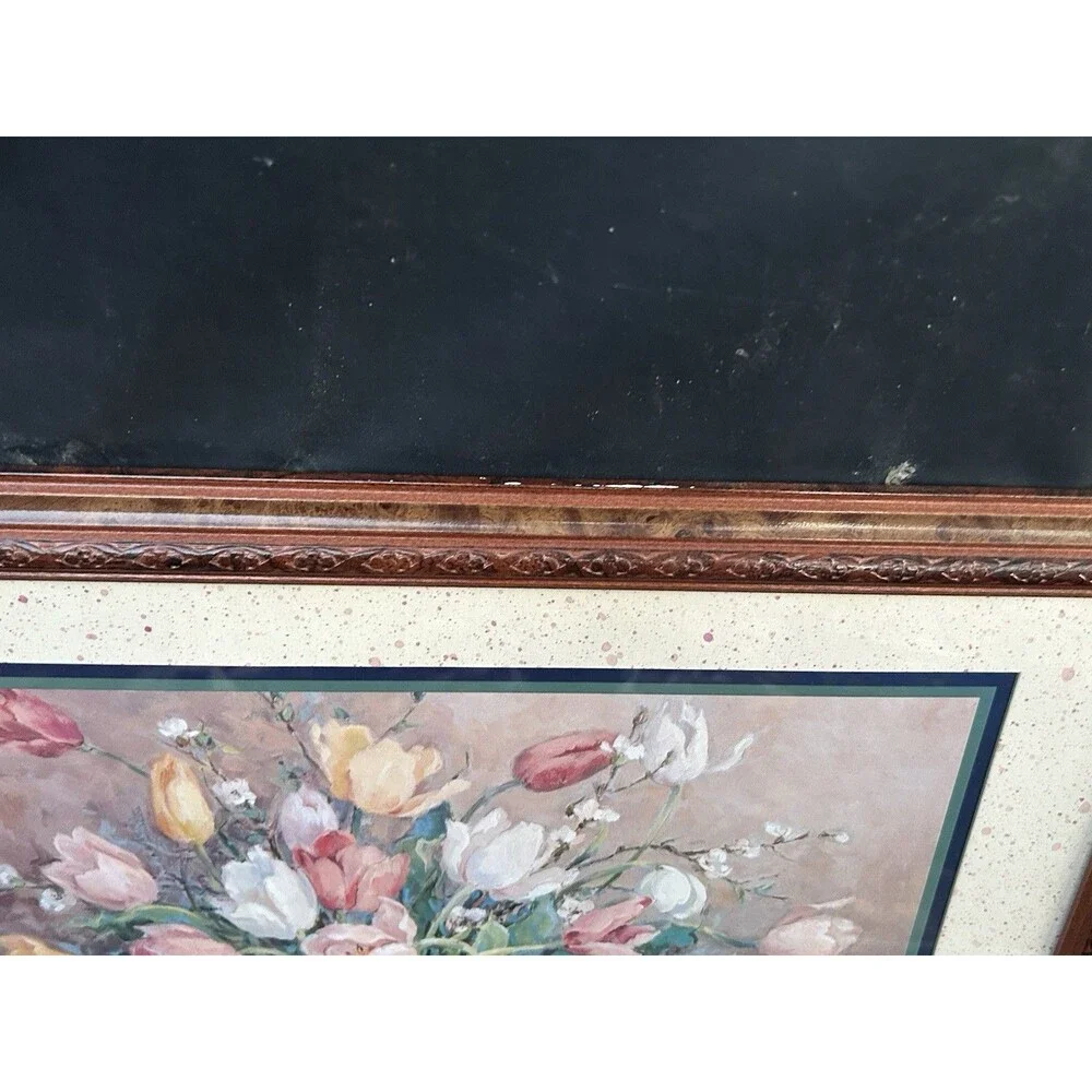 Barbara Mock Wall Art Floral Vase Tulips 22x18 Mixed Media Crewel Cottage Decor - Picture 14 of 14